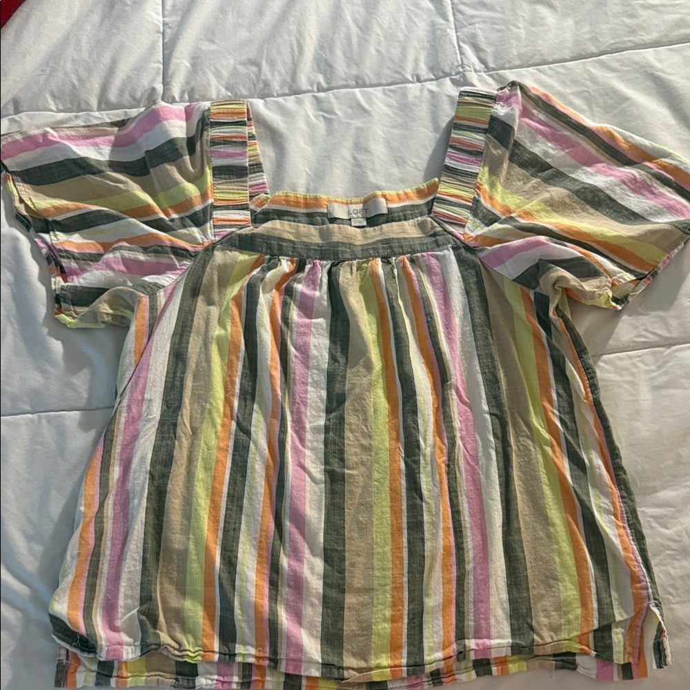 LOFT Multistripe Square-Neck Top in White, Orange, Green, Gray